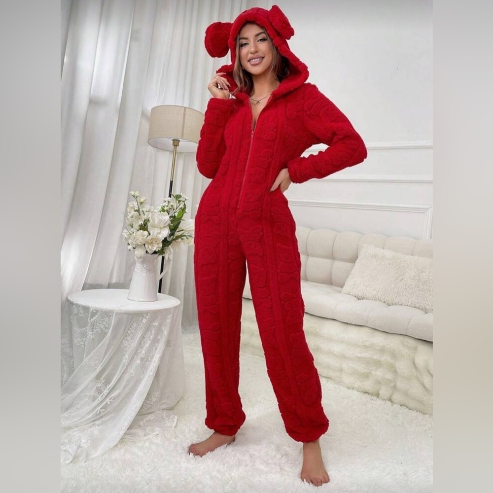 Red Plush Full Pajamas with Ears, Size L, New with Label (NWT) - Picture 3 of 6